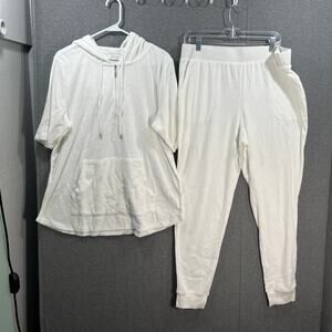 Denim & Co. Active Knit Terry Half Zip Top w/ Jogger Pants White, Large